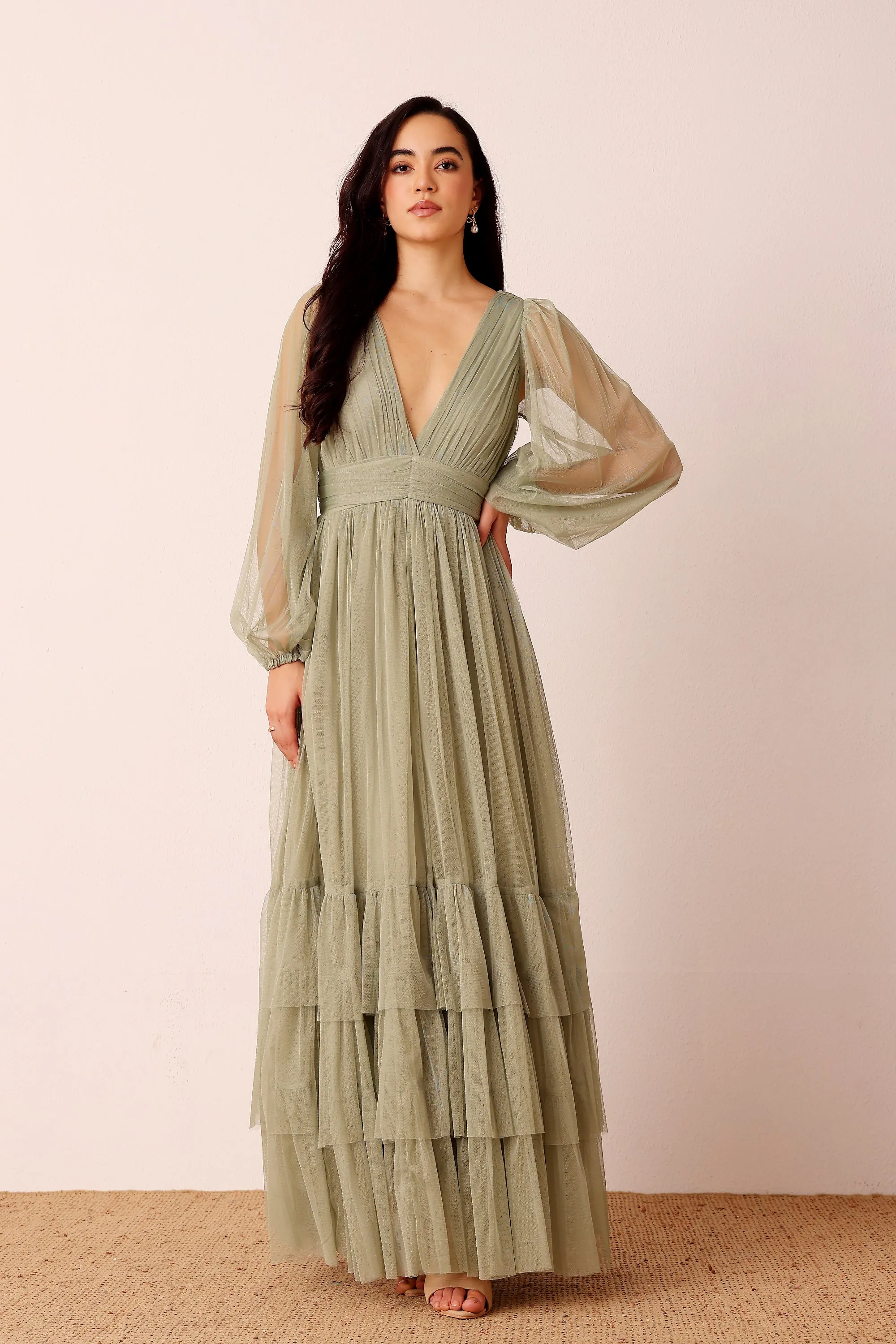 Madison Long Sleeve Wrap Maxi Dress in Dusty Sage sold by Lace & Beads