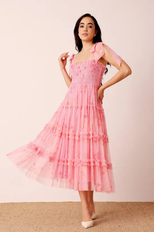 Louise Midi Dress in Pink Floral sold by Lace & Beads