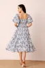 Lana Puff Sleeve Cotton Midi Dress in Blue White Floral sold by Lace & Beads
