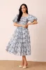 Lana Puff Sleeve Cotton Midi Dress in Blue White Floral sold by Lace & Beads