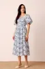 Lana Puff Sleeve Cotton Midi Dress in Blue White Floral sold by Lace & Beads