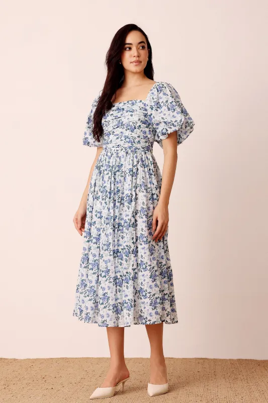 Lana Puff Sleeve Cotton Midi Dress in Blue White Floral sold by Lace & Beads