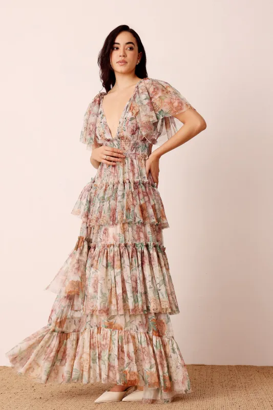 Jasmine Soft Tulle Maxi Dress in Brown Floral sold by Lace & Beads