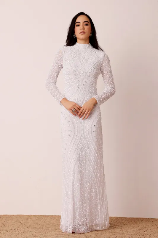 Lotus Embellished Maxi Dress in White sold by Lace & Beads