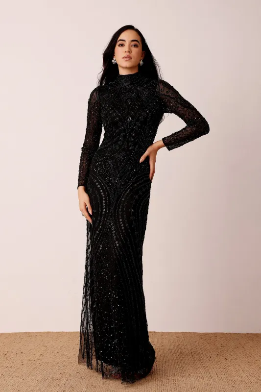 Lotus Embellished Maxi Dress in Black sold by Lace & Beads