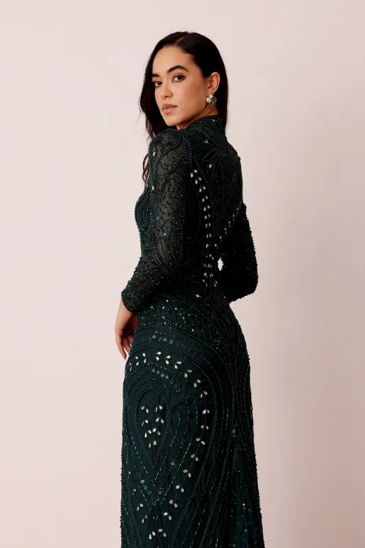 Lotus Embellished Maxi Dress in Emerald Green sold by Lace & Beads