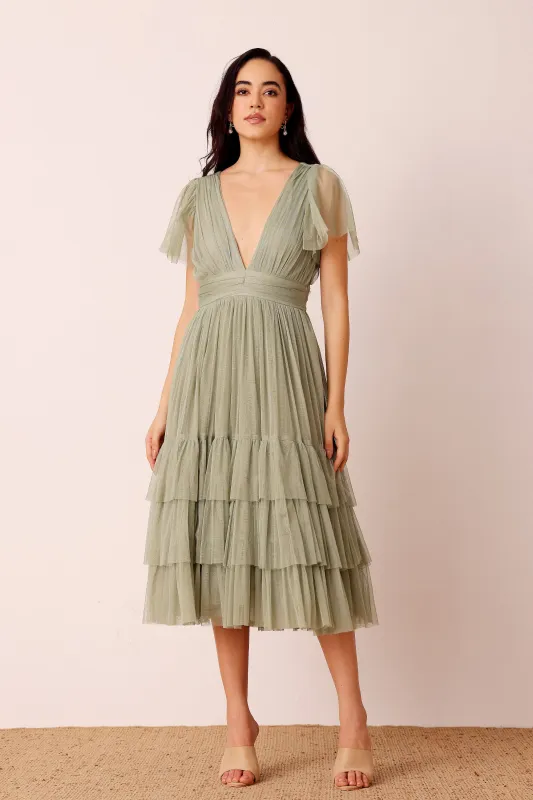 Madison Dusty Sage Tulle Bridesmaid Midi Dress sold by Lace & Beads