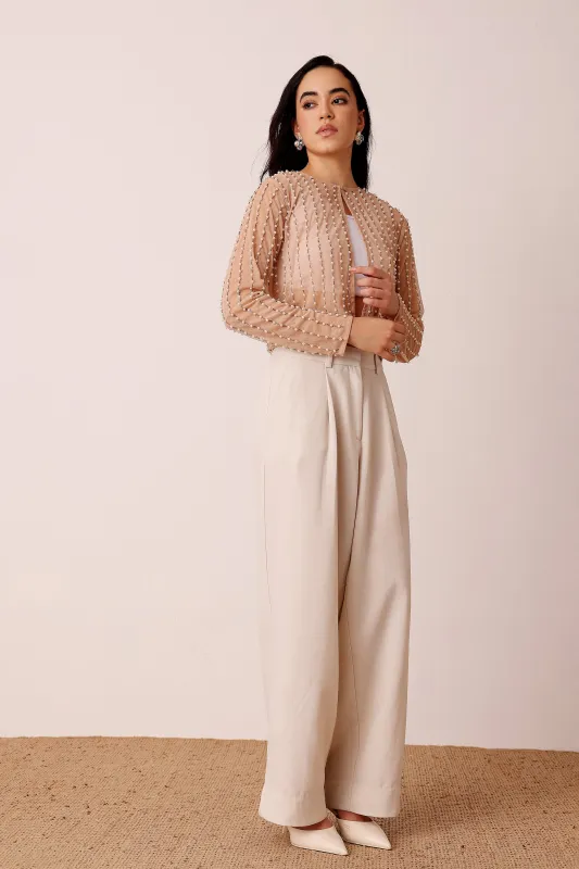Pearl Embellished Sheer Cropped Jacket in Beige sold by Lace & Beads