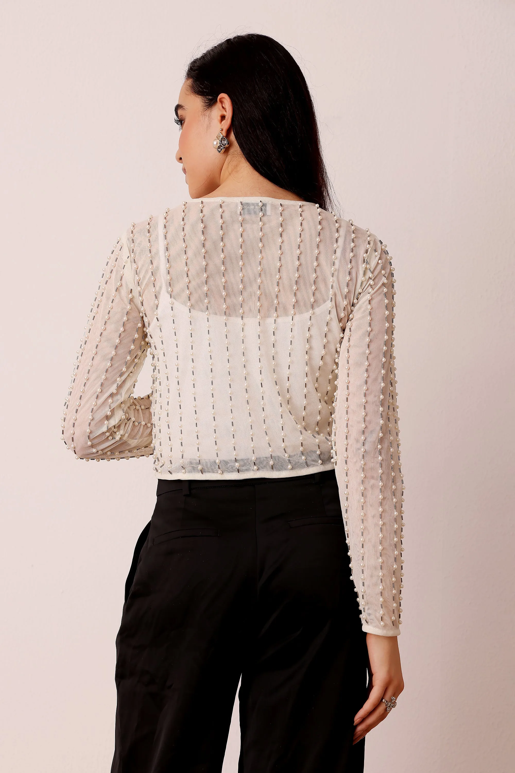 Pearl Embellished Sheer Cropped Jacket in Ivory sold by Lace & Beads product image thumbnail 3