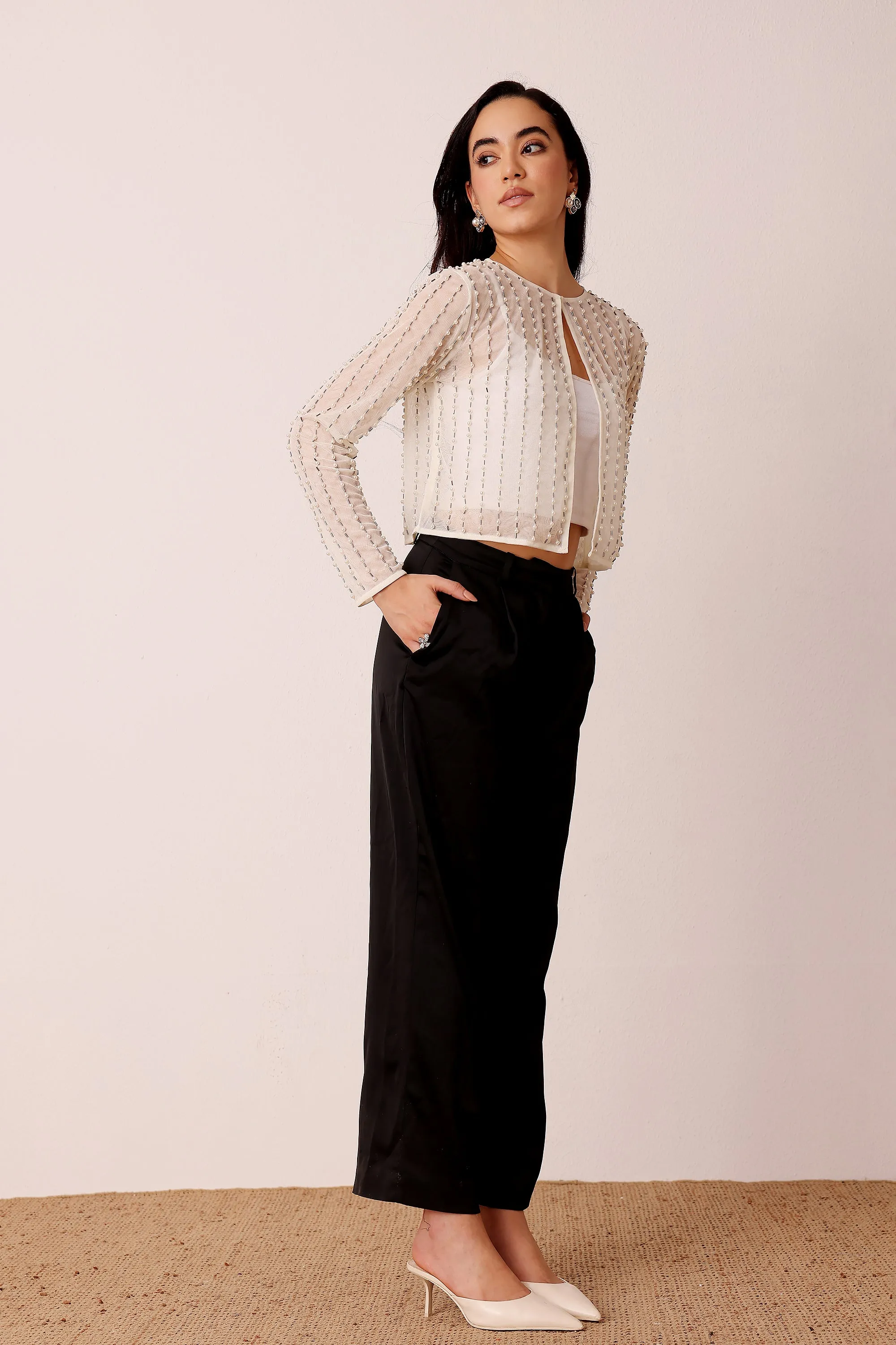 Pearl Embellished Sheer Cropped Jacket in Ivory sold by Lace & Beads product image thumbnail 4