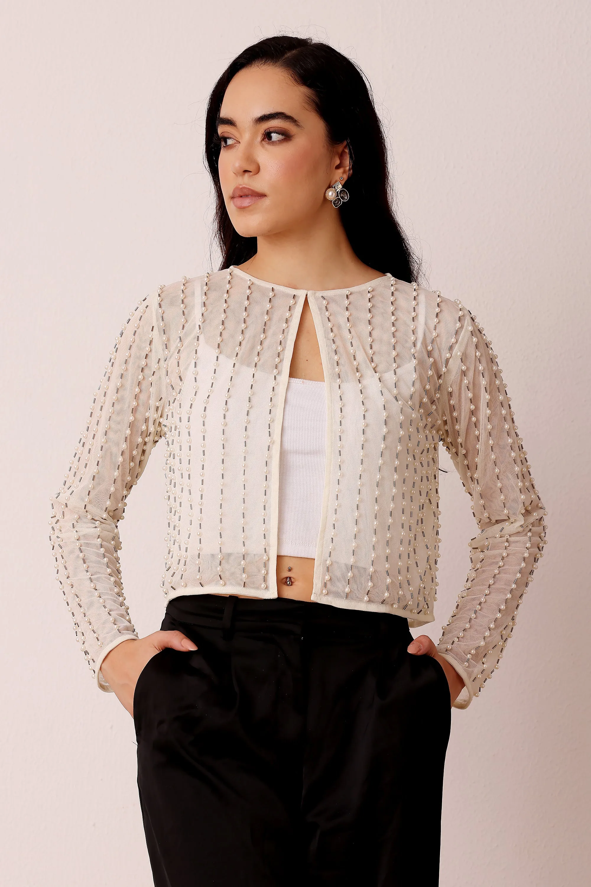 Pearl Embellished Sheer Cropped Jacket in Ivory sold by Lace & Beads
