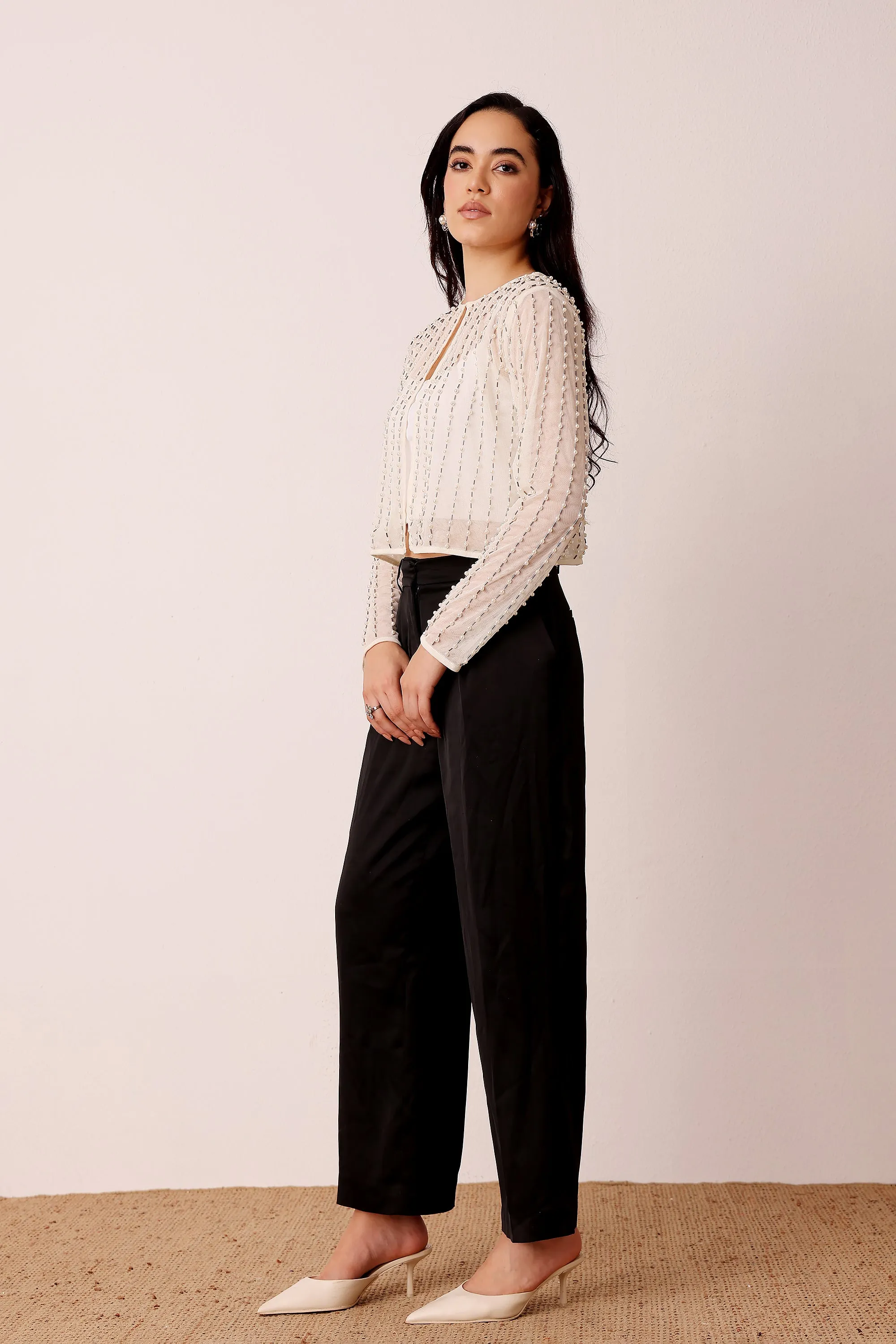 Pearl Embellished Sheer Cropped Jacket in Ivory sold by Lace & Beads product image thumbnail 2