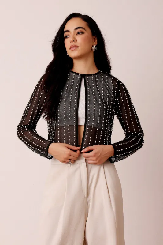 Pearl Embellished Sheer Cropped Jacket in Black sold by Lace & Beads