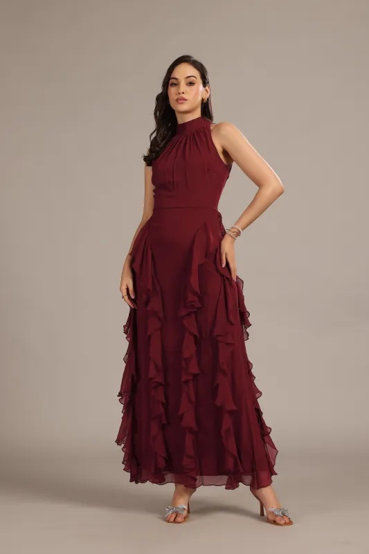Malinina Maxi Dress in Burgundy sold by Lace & Beads