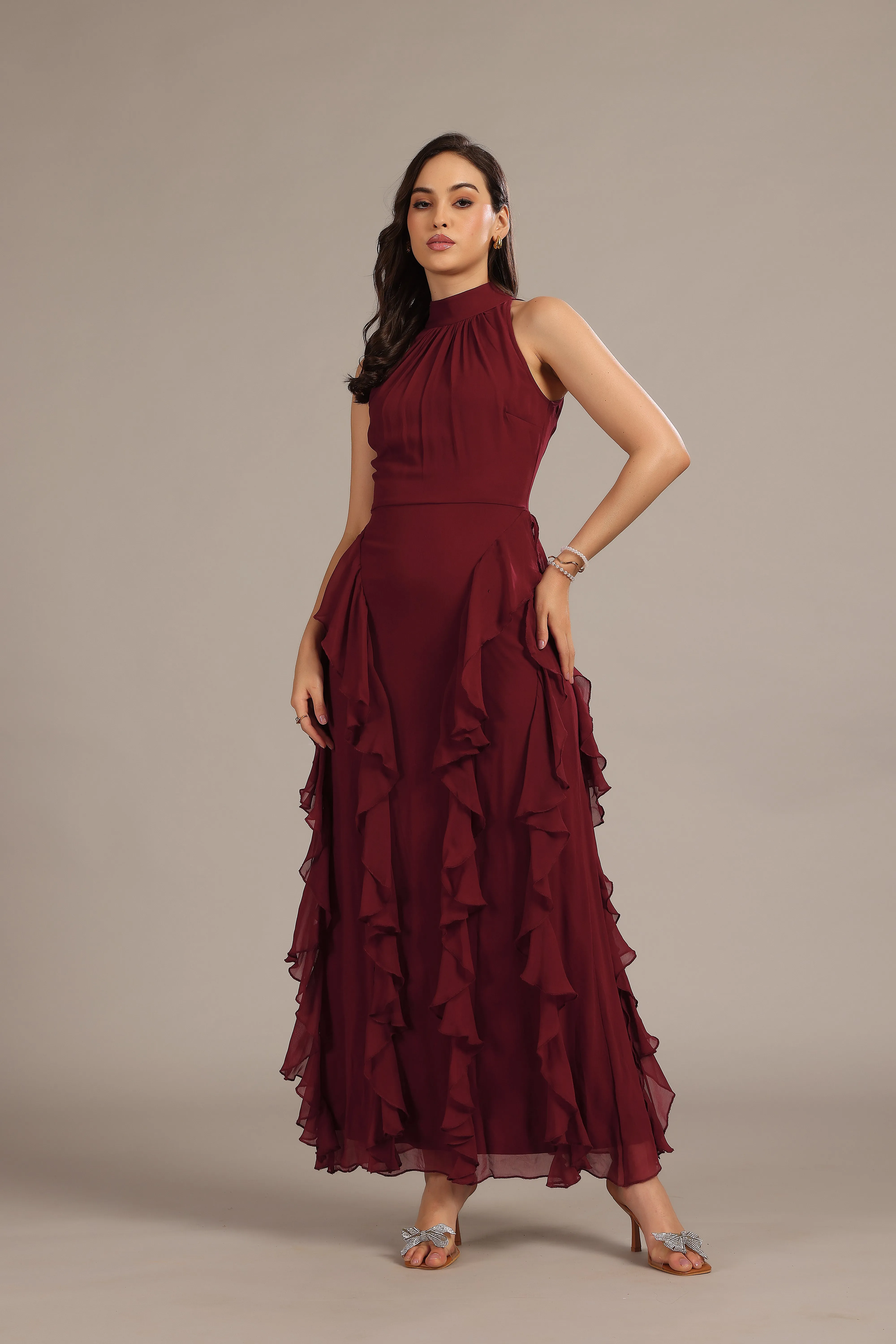Malinina Maxi Dress in Burgundy sold by Lace & Beads