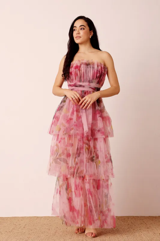 Natalia Tulle Maxi Dress in Vivid Pink Purple Floral sold by Lace & Beads