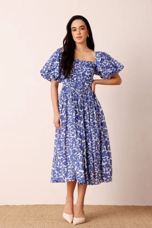 Lana Puff Sleeve Cotton Midi Dress in Blue Leaf Print sold by Lace & Beads