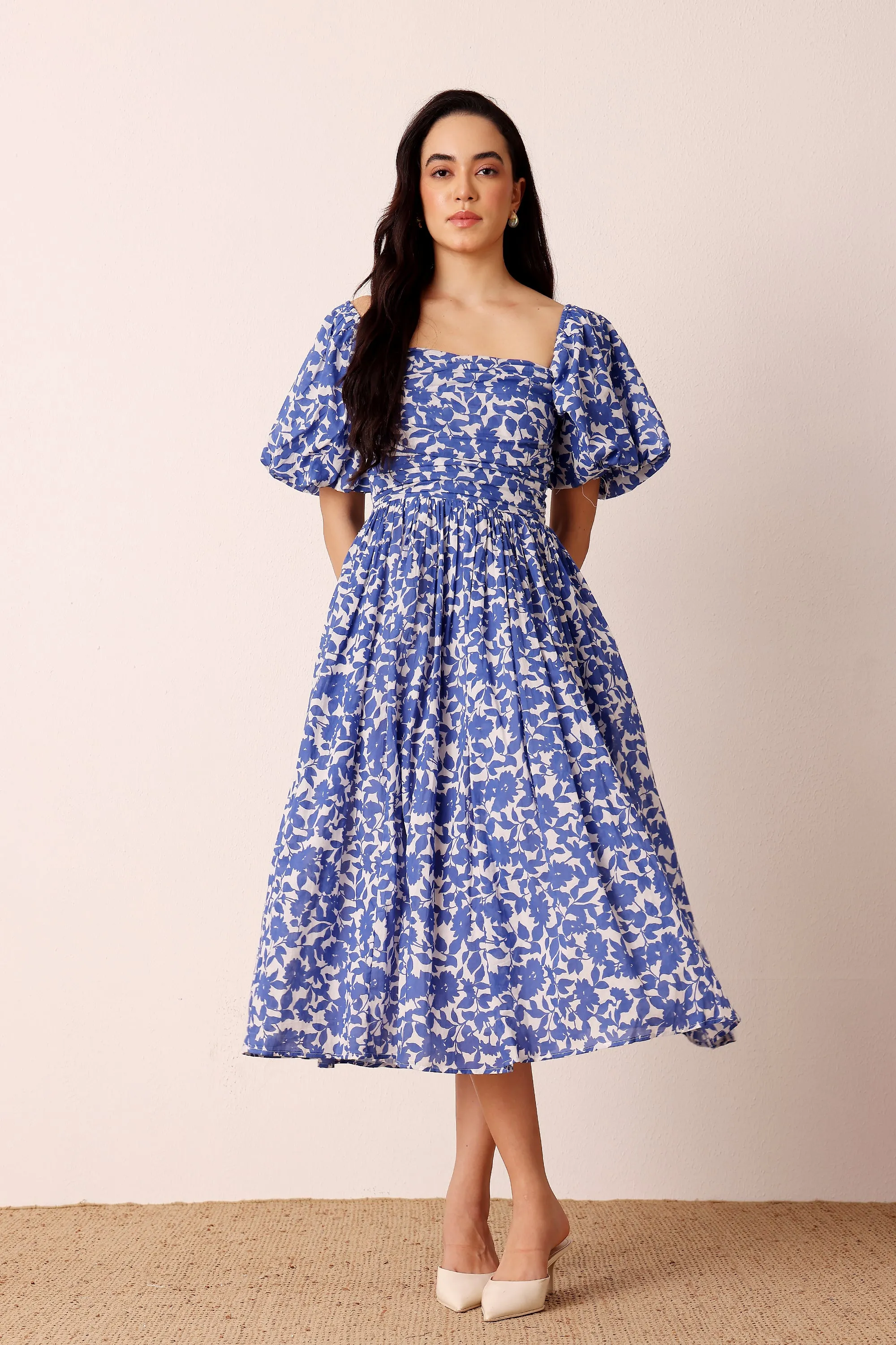 Lana Puff Sleeve Cotton Midi Dress in Blue Leaf Print sold by Lace & Beads product image thumbnail 3