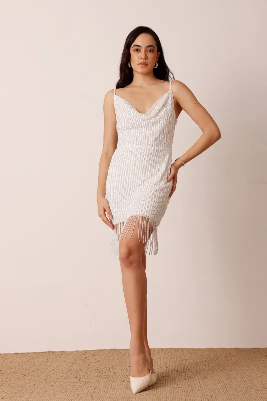 Eva Embellished Fringe Mini Dress in White sold by Lace & Beads