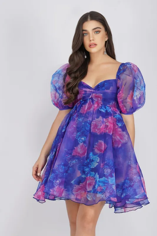 Melanie Puff Sleeve Organza Mini in Cobalt Floral made by Lace & Beads