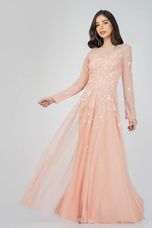 Luciene Long Sleeve Embellished Maxi Dress in Blush Pink sold by Lace & Beads