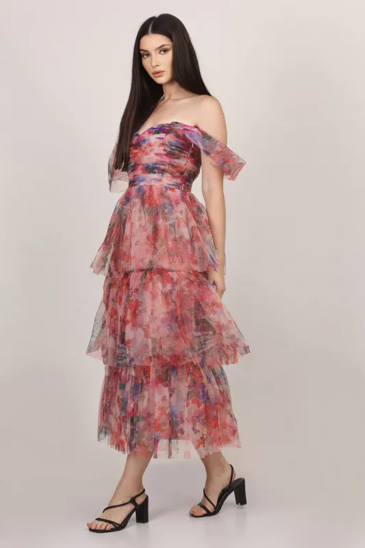 Sydney Tulle Midi Dress in Rose Floral made by Lace & Beads