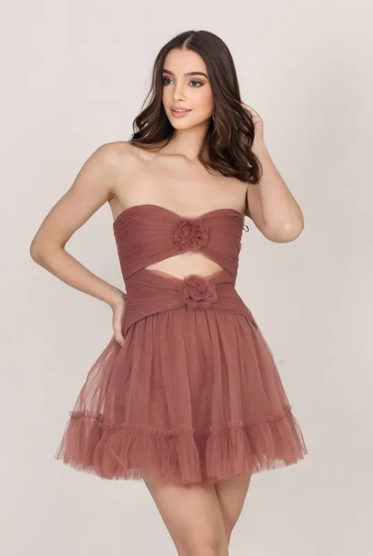 Aurora Corsage Mini Dress in Rose Brown sold by Lace & Beads