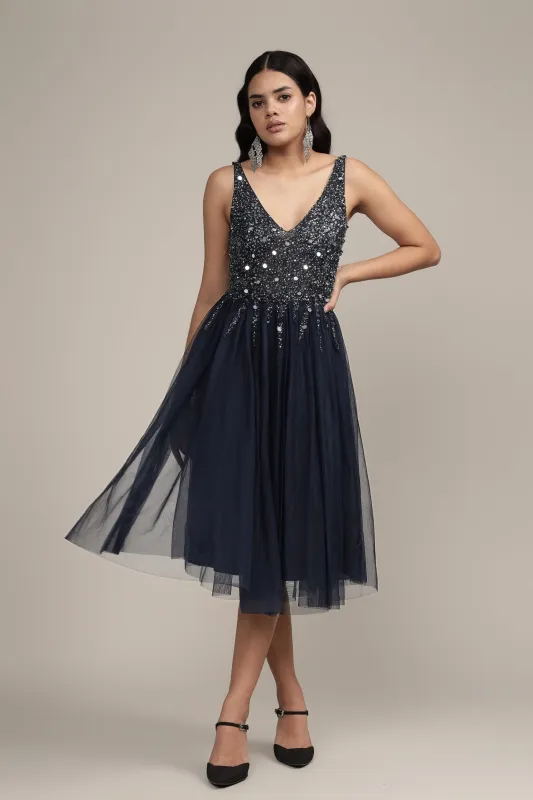 Symphony Dark Blue Embellished Midi Dress sold by Lace & Beads