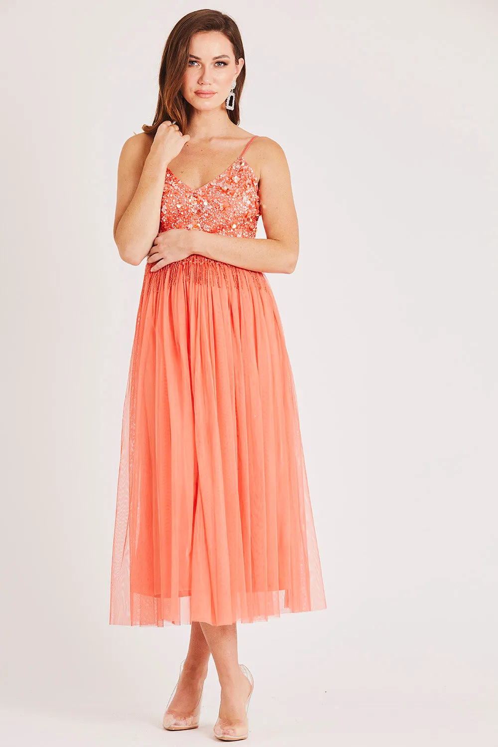 Riri Midi Dress in Coral sold by Lace & Beads