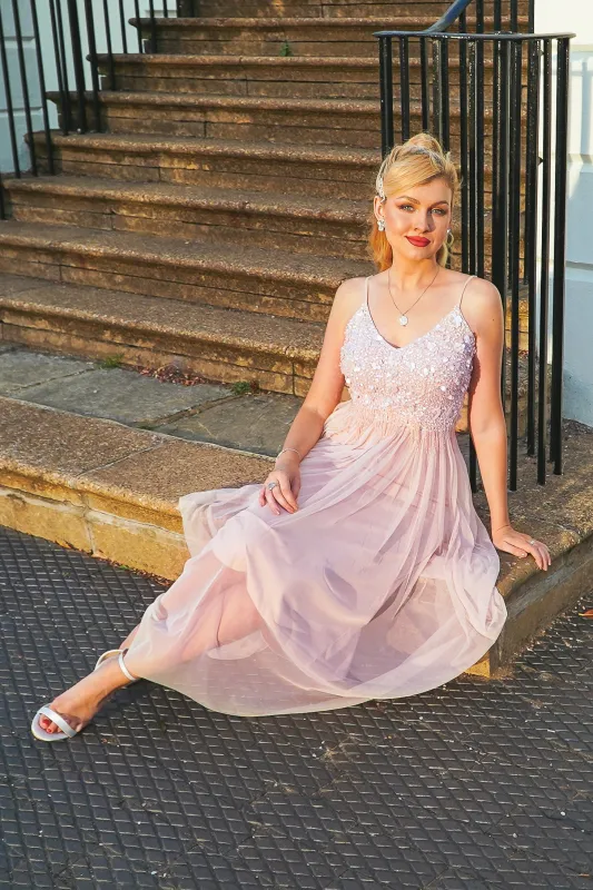 Riri Nude Pink Embellished Midi Dress sold by Lace & Beads