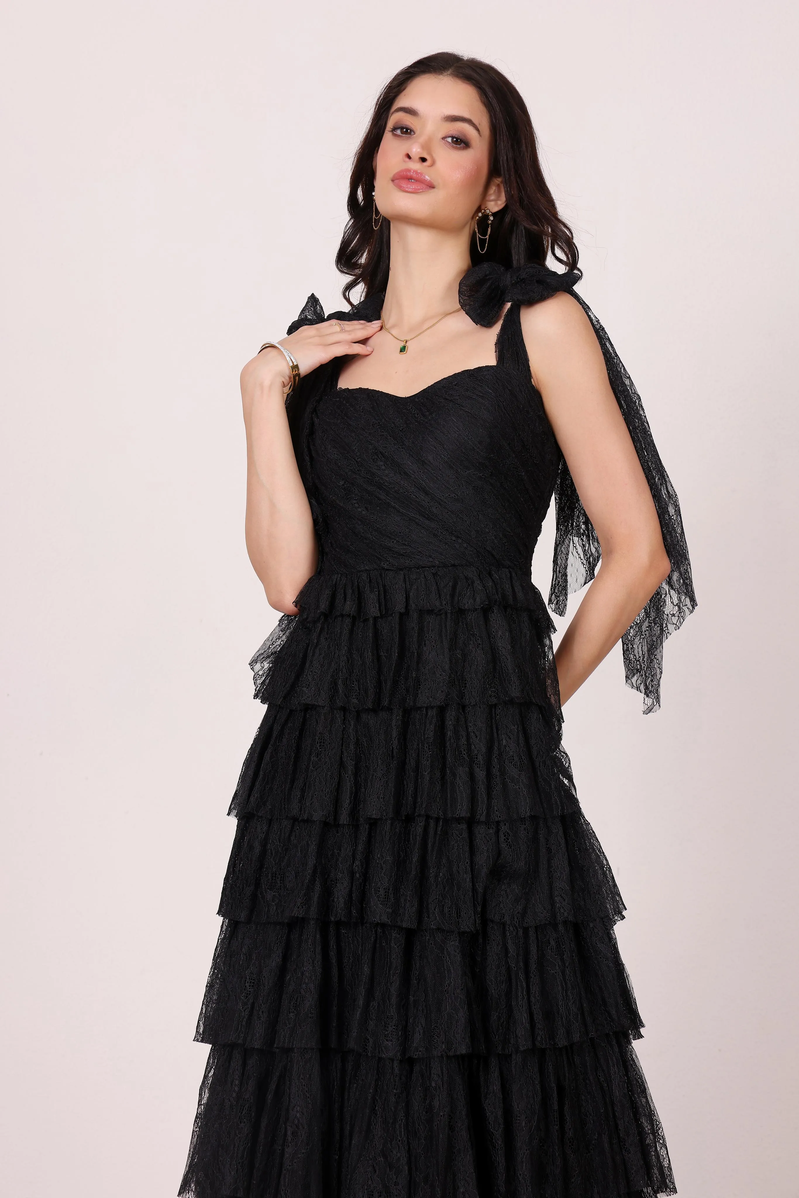 Ophelia Black Lace Maxi Dress with Tie Detail sold by Lace & Beads product image thumbnail 2