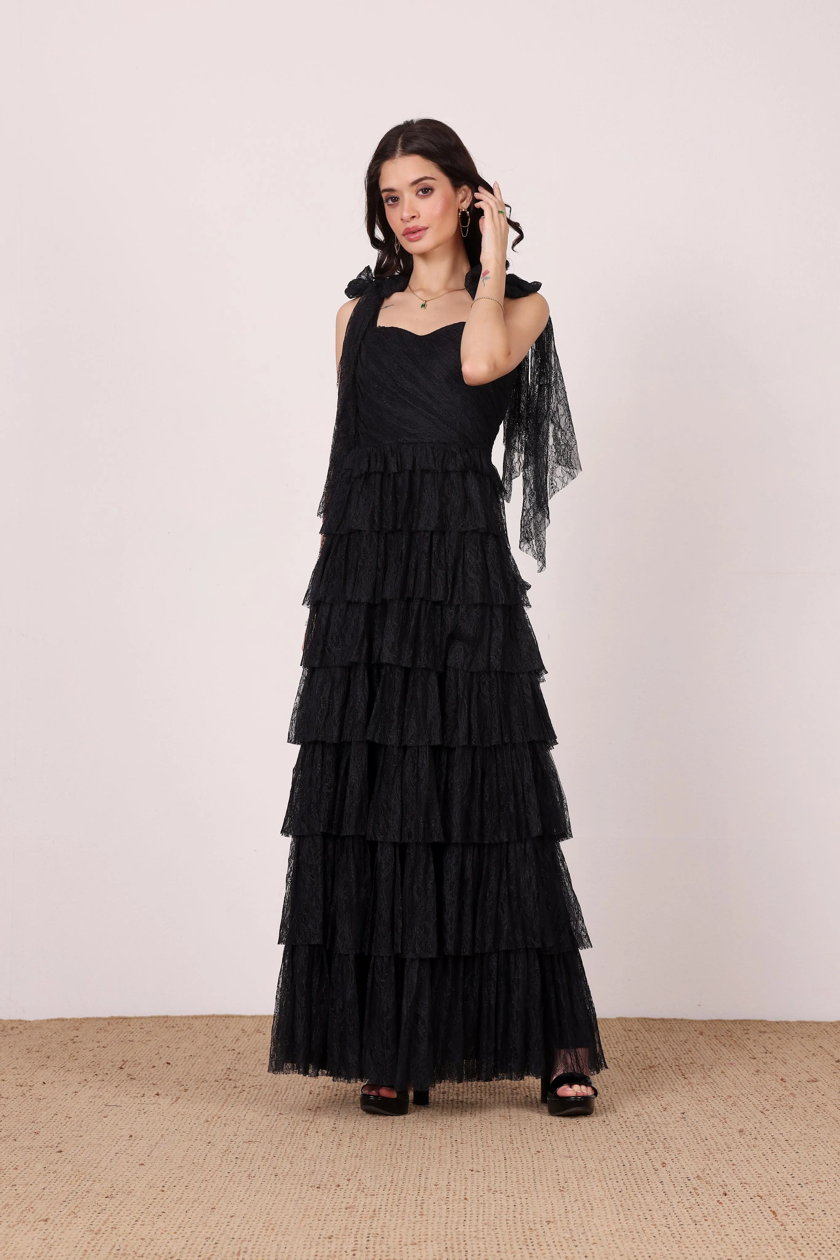 Ophelia Black Lace Maxi Dress with Tie Detail sold by Lace & Beads product image thumbnail 4