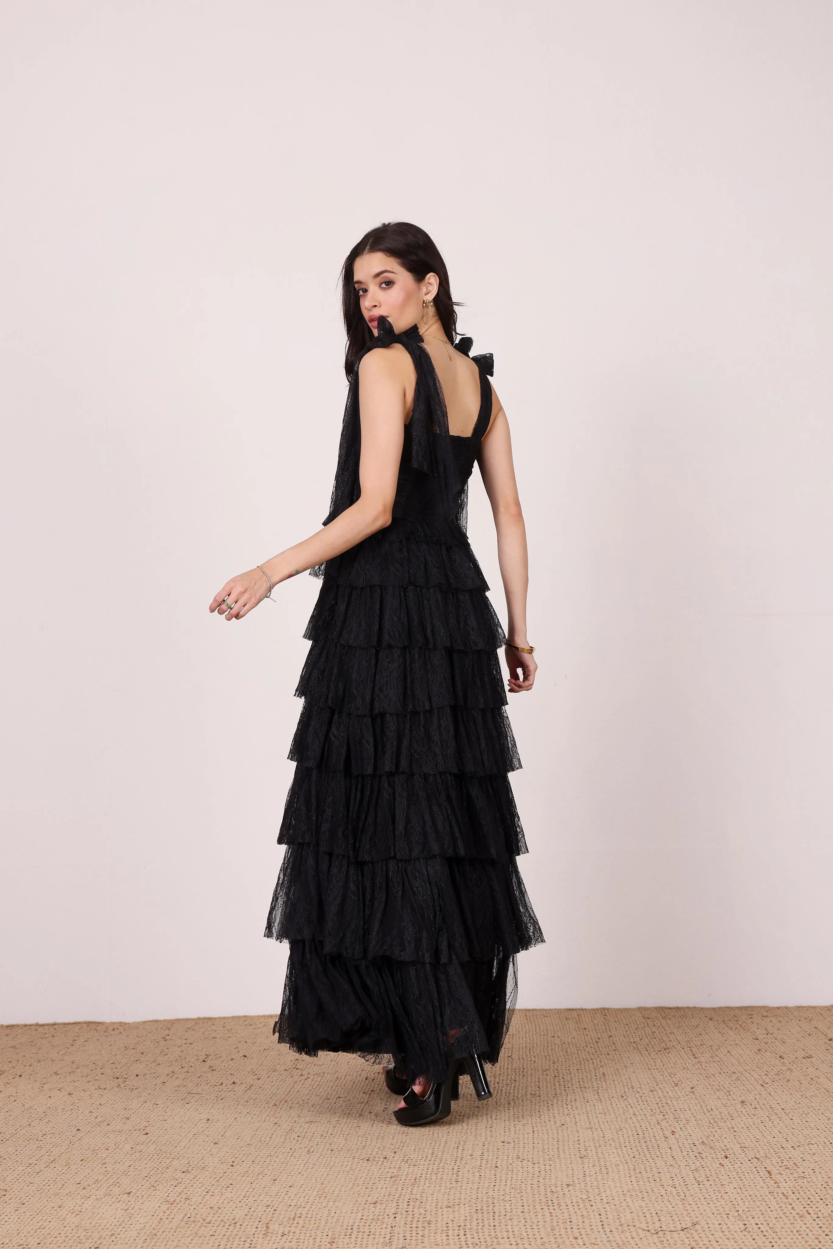 Ophelia Black Lace Maxi Dress with Tie Detail sold by Lace & Beads