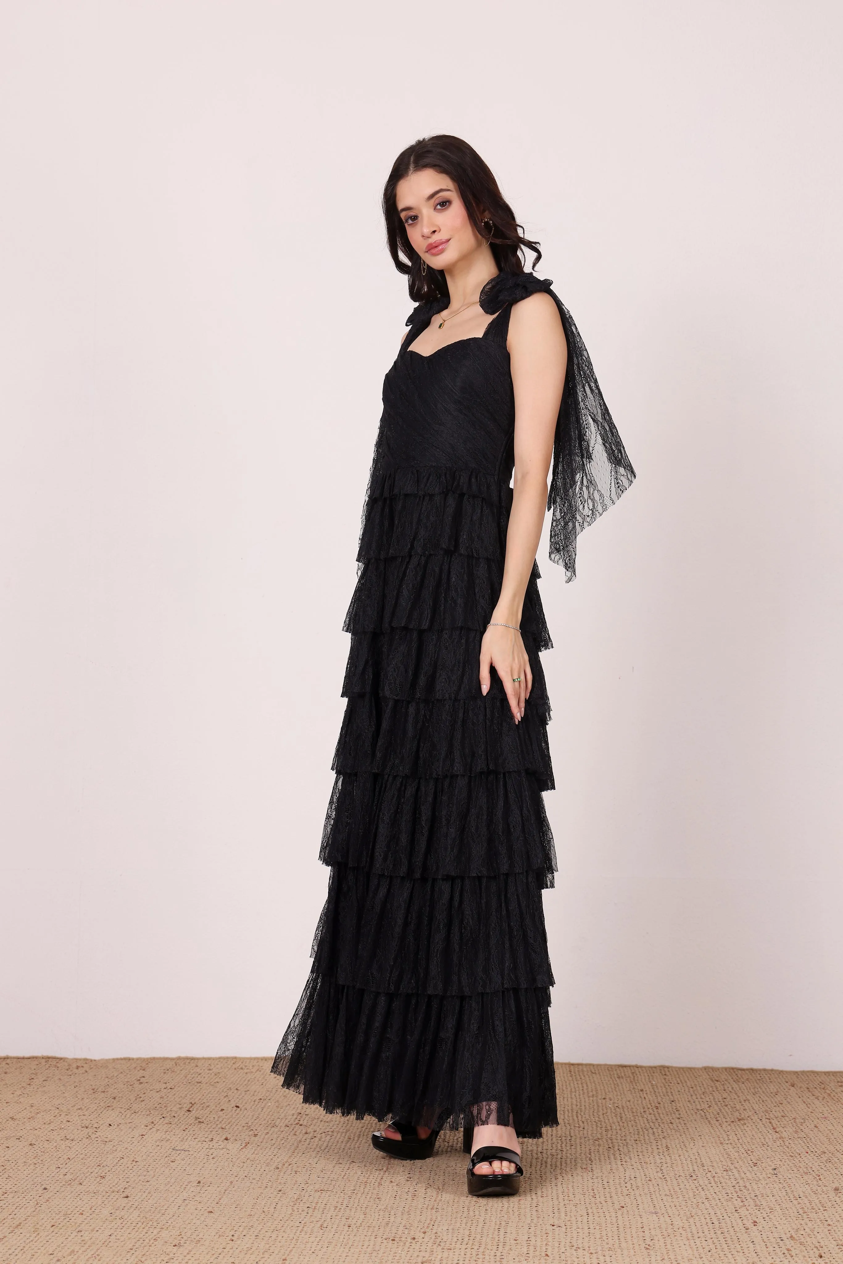 Ophelia Black Lace Maxi Dress with Tie Detail sold by Lace & Beads product image thumbnail 5