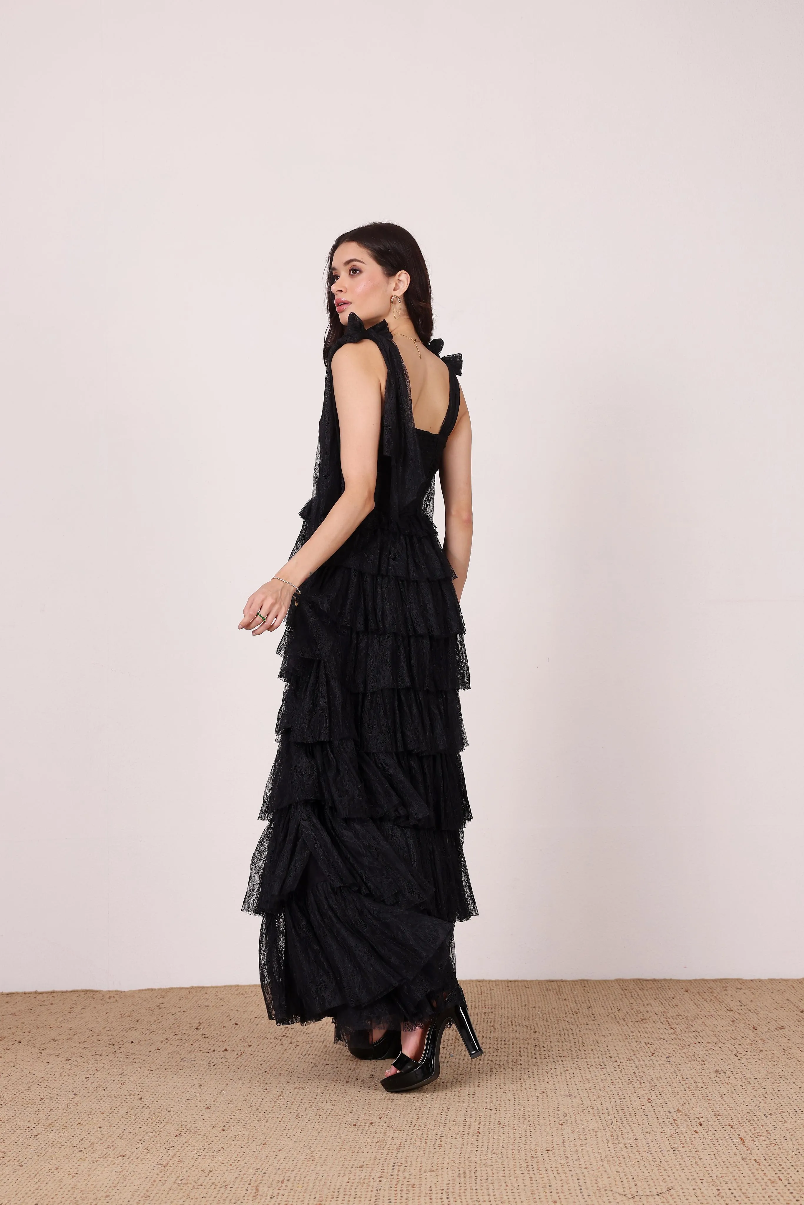 Ophelia Black Lace Maxi Dress with Tie Detail sold by Lace & Beads product image thumbnail 3