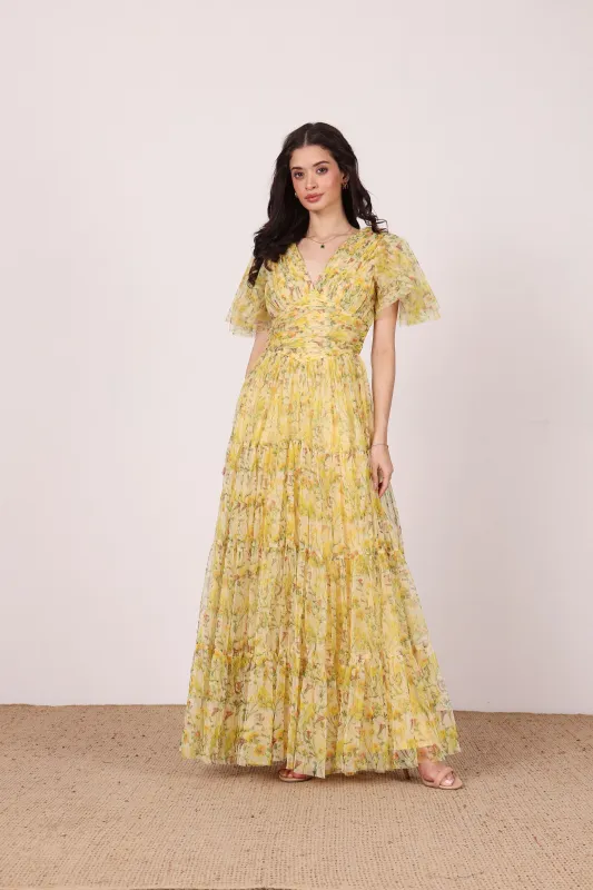 Nelaney Maxi Dress in Yellow Floral sold by Lace & Beads