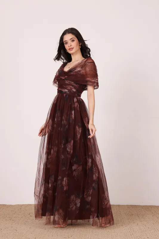 Gillian Maxi Dress in Mocha Plum Floral sold by Lace & Beads