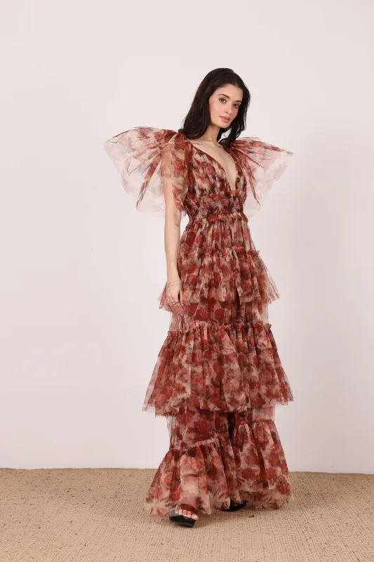 Jasmine Stiff Tulle Maxi Dress in Rose Floral Print sold by Lace & Beads