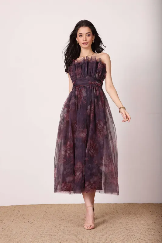 Nusrat Midi Dress in Plum Floral sold by Lace & Beads