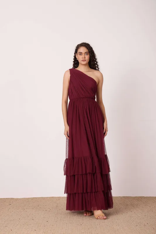 Nicolette One Shoulder Maxi Dress in Wine made by Lace & Beads