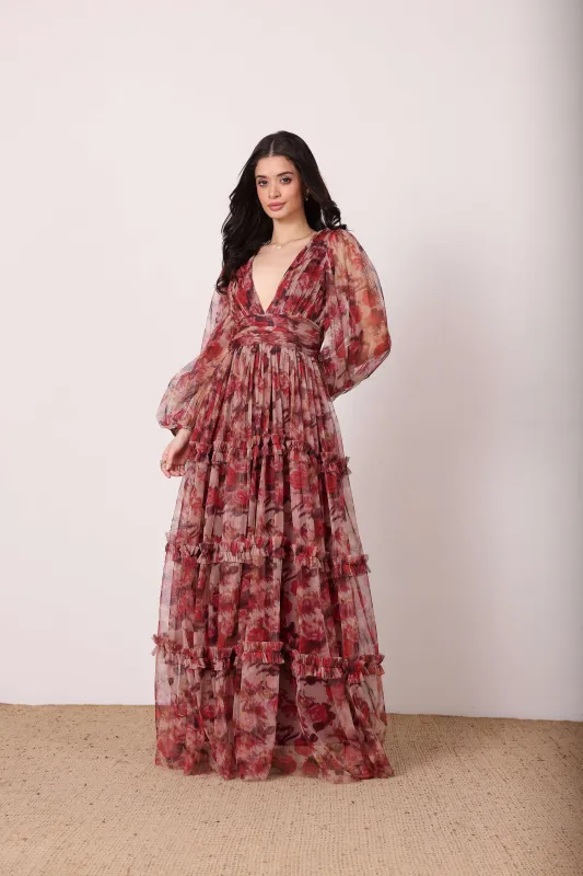 Lydia Maxi Dress in Rose Floral sold by Lace & Beads