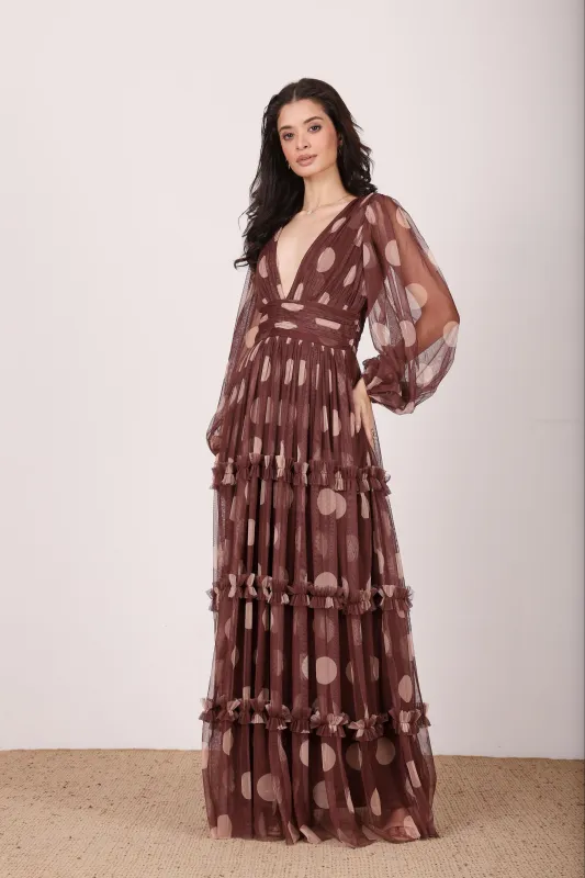 Lydia Maxi Dress in Mahogany Brown and Beige Polka Dot sold by Lace & Beads