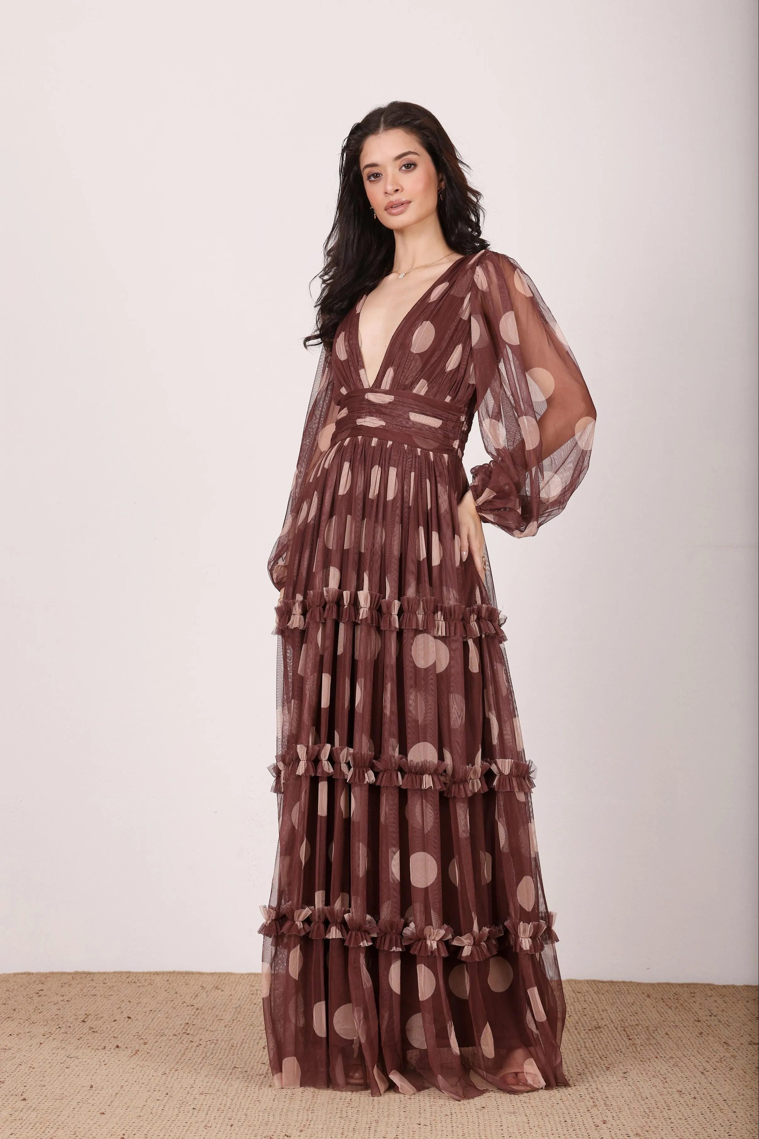 Lydia Maxi Dress in Mahogany Brown and Beige Polka Dot sold by Lace & Beads