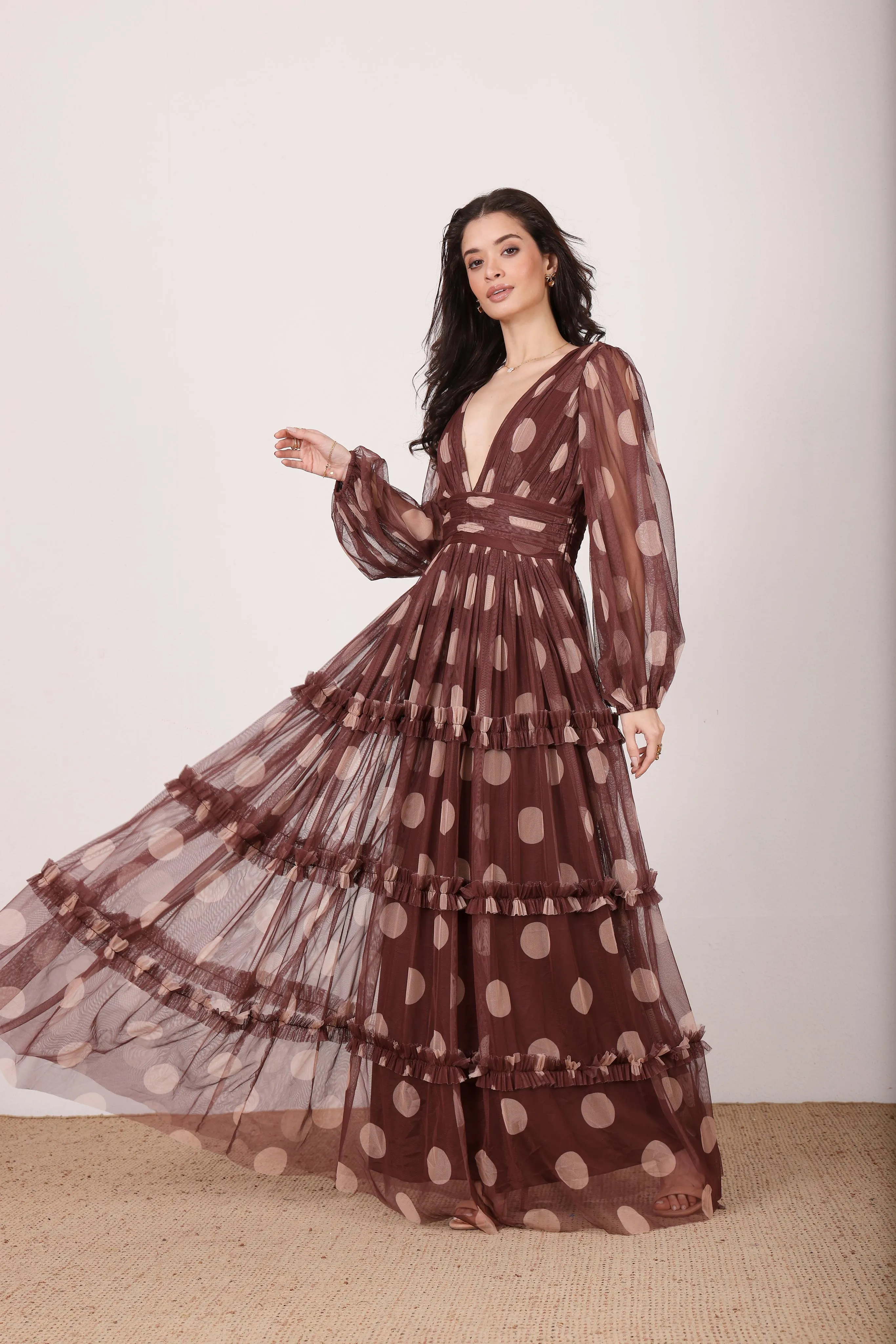 Lydia Maxi Dress in Mahogany Brown and Beige Polka Dot sold by Lace & Beads product image thumbnail 4