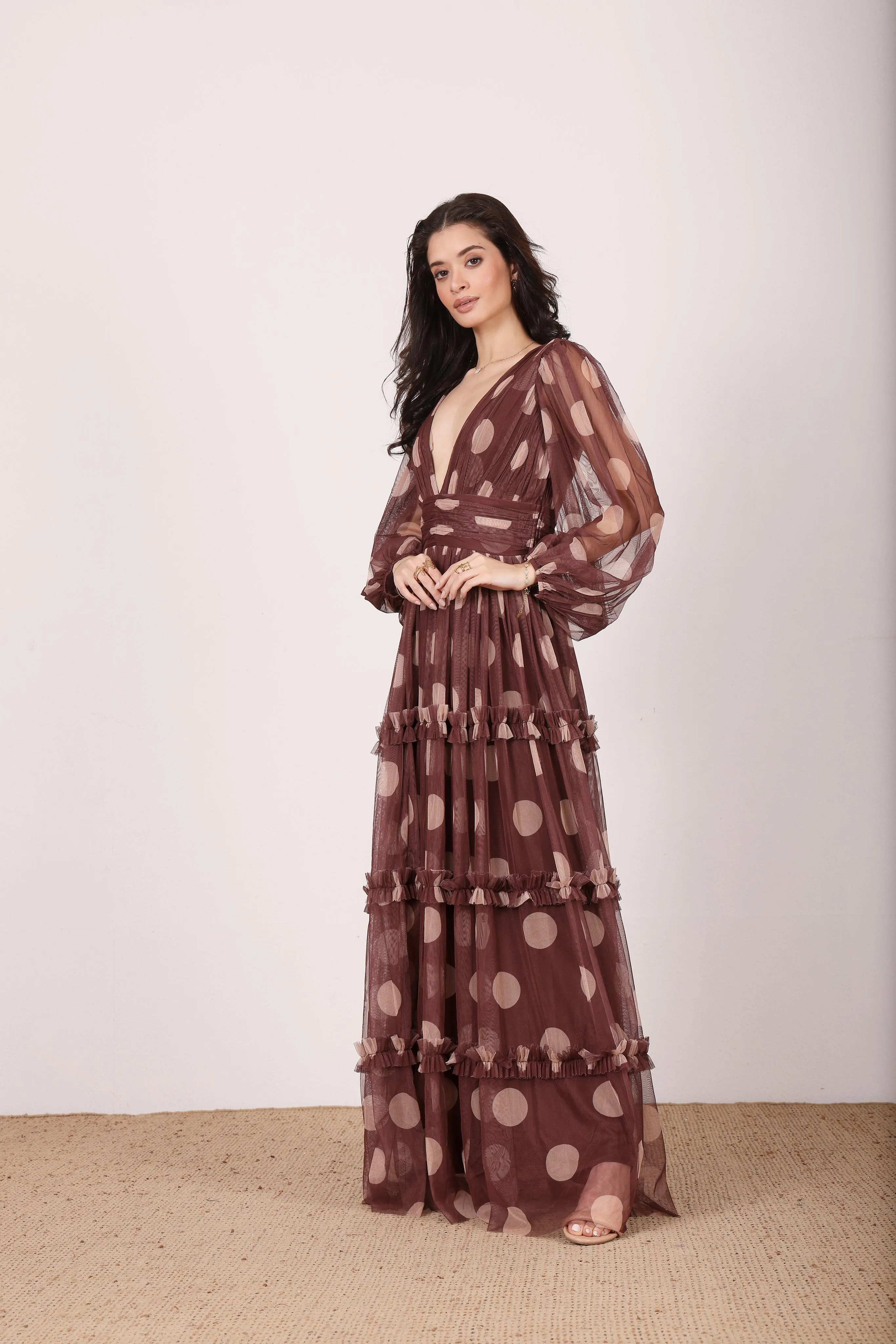 Lydia Maxi Dress in Mahogany Brown and Beige Polka Dot sold by Lace & Beads product image thumbnail 5