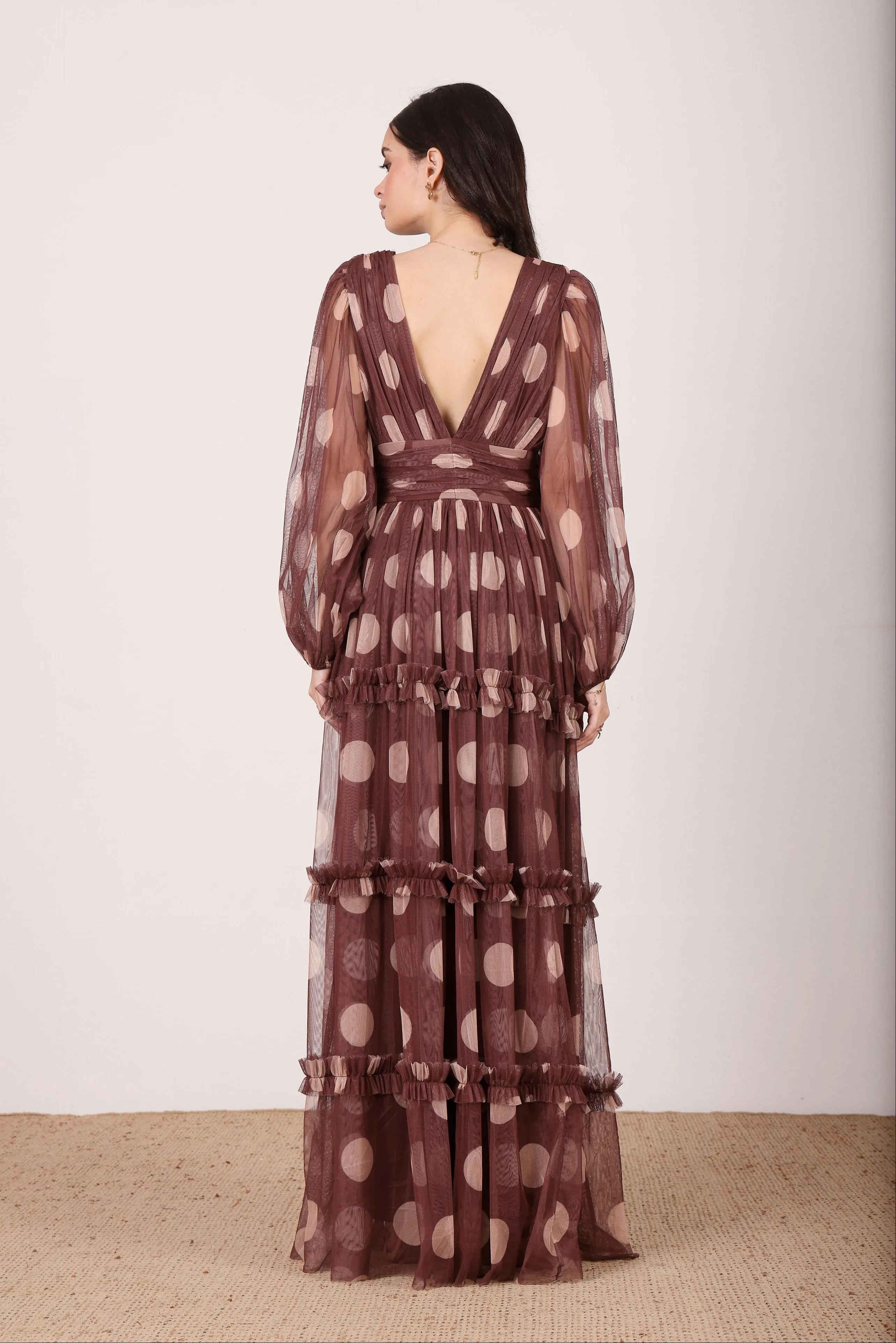 Lydia Maxi Dress in Mahogany Brown and Beige Polka Dot sold by Lace & Beads product image thumbnail 2