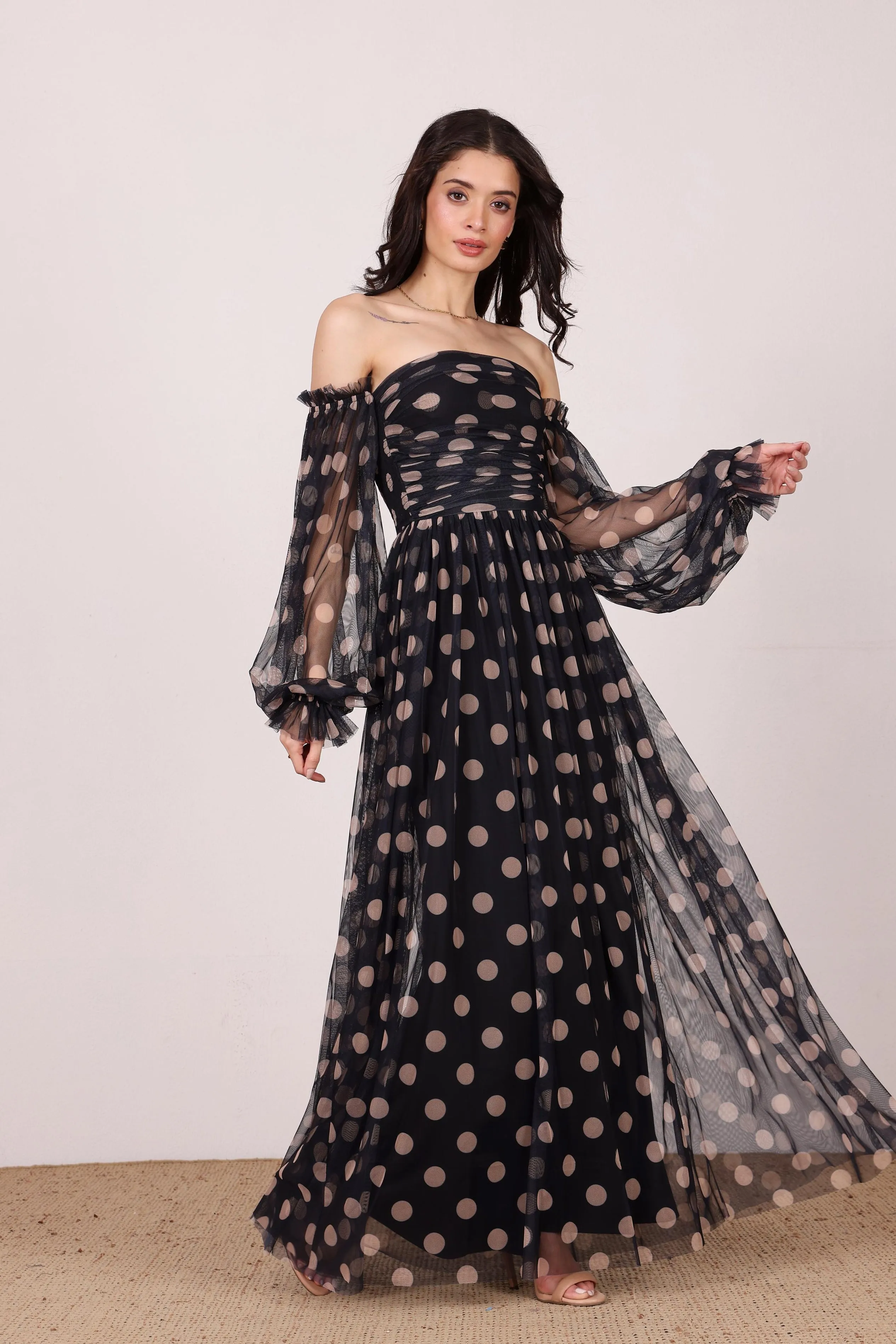 Lana Maxi Dress in Black and Beige Polka Dot sold by Lace & Beads