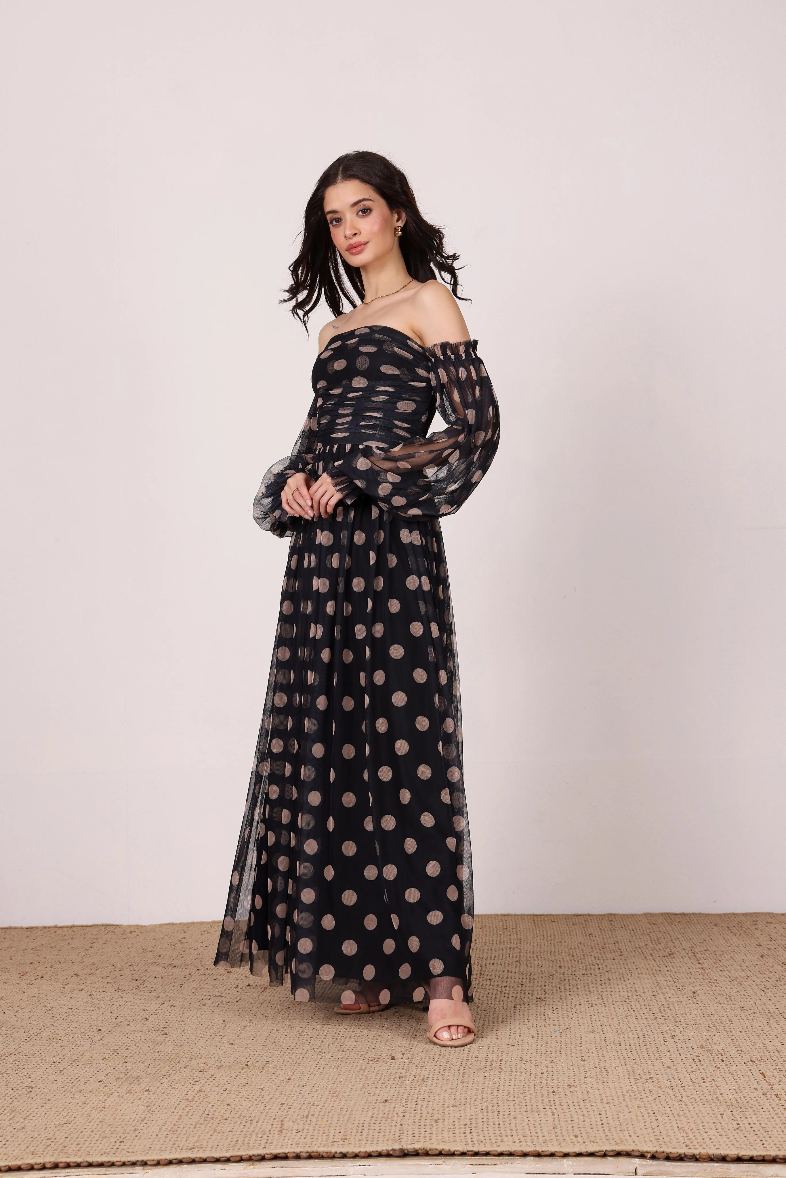 Lana Maxi Dress in Black and Beige Polka Dot sold by Lace & Beads product image thumbnail 4