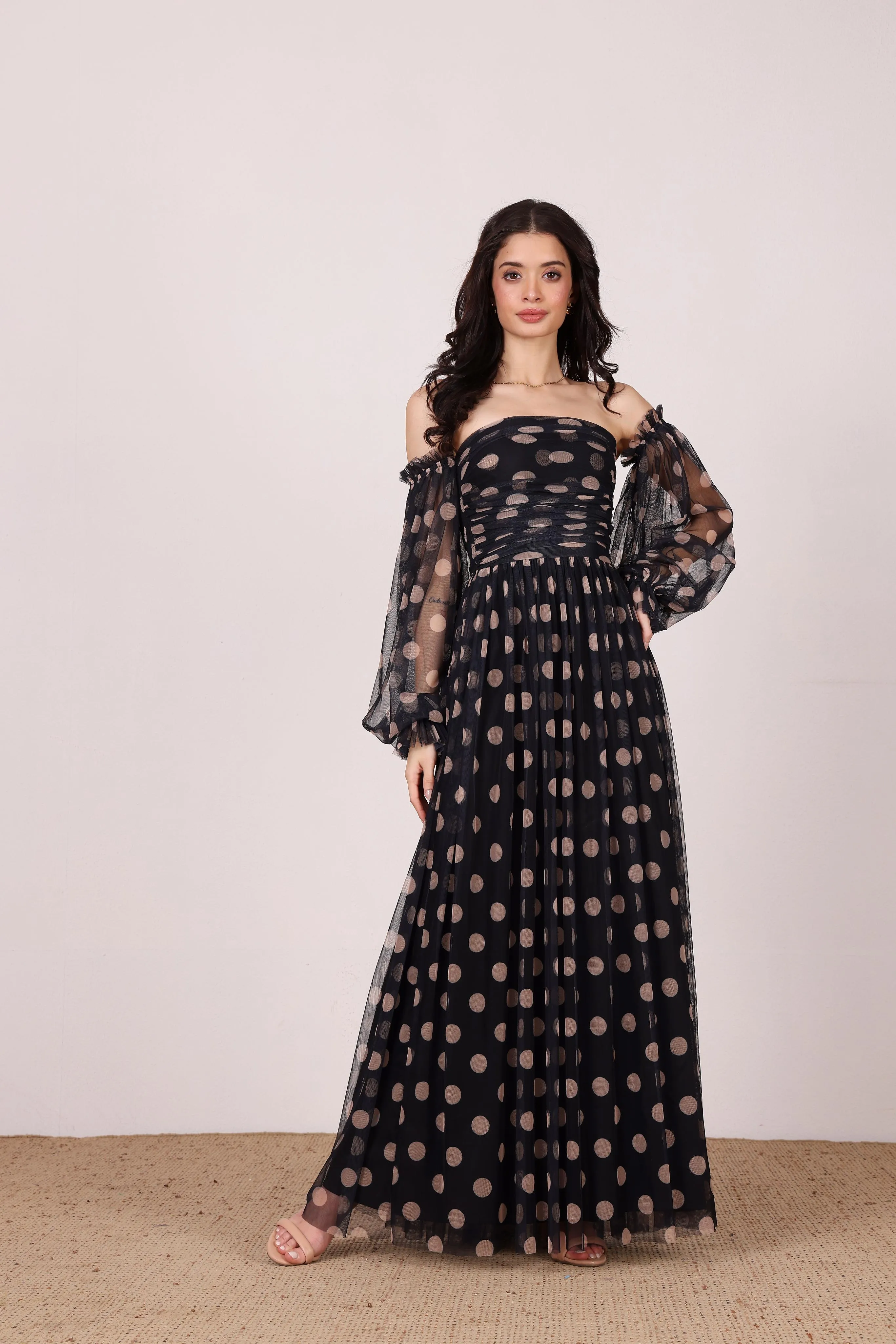 Lana Maxi Dress in Black and Beige Polka Dot sold by Lace & Beads product image thumbnail 3