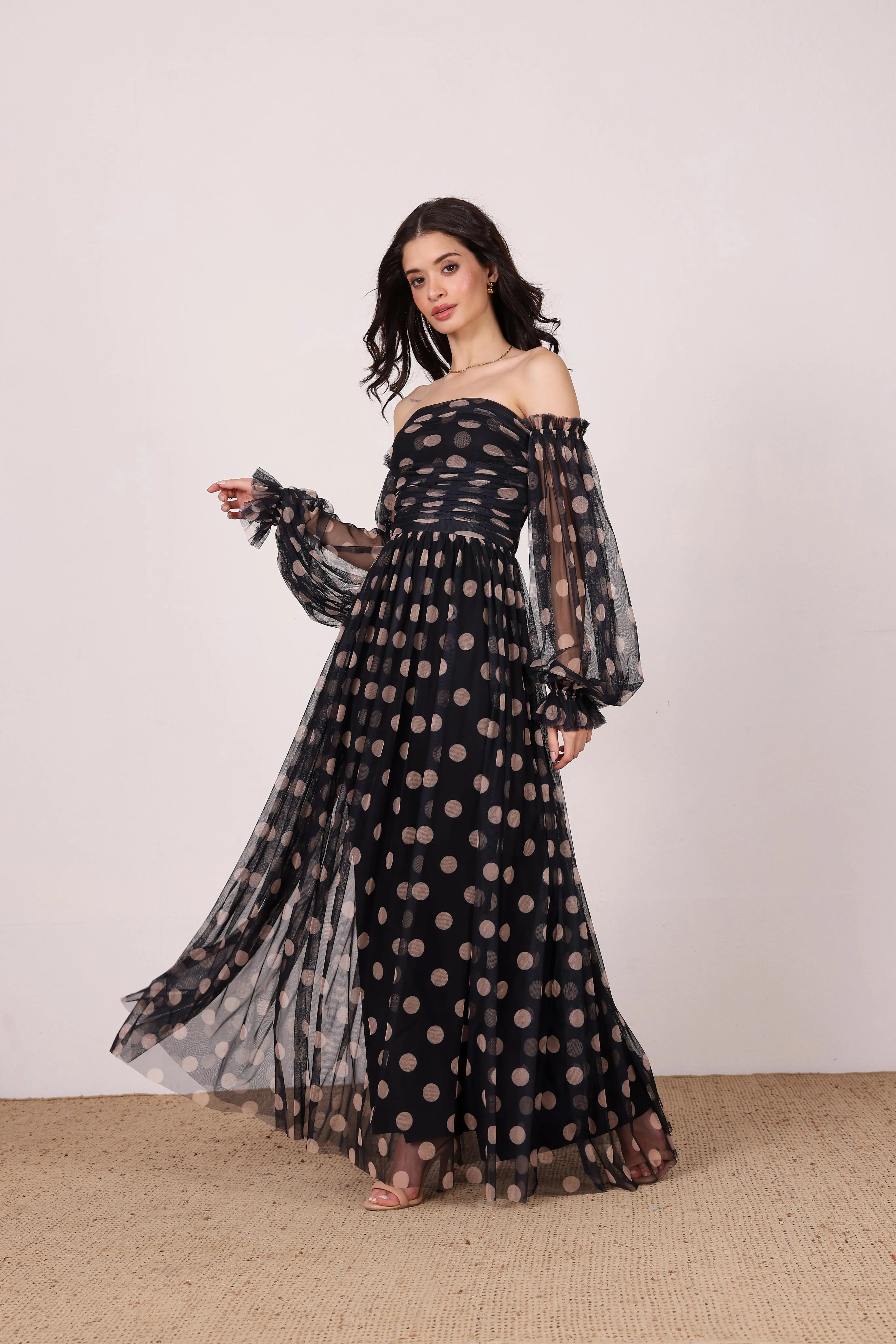 Lana Maxi Dress in Black and Beige Polka Dot sold by Lace & Beads product image thumbnail 5